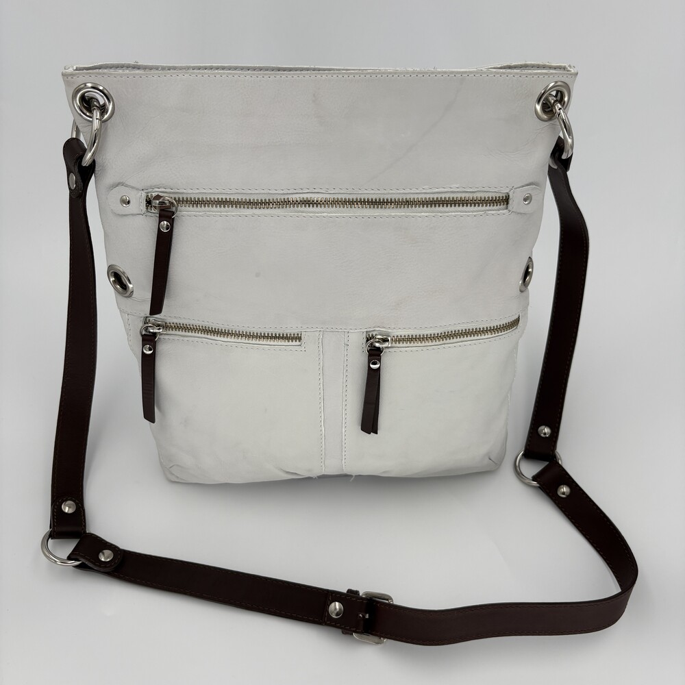 Maurizio Taiuti Italian Leather Crossbody Bag Silver Grommet White Brown